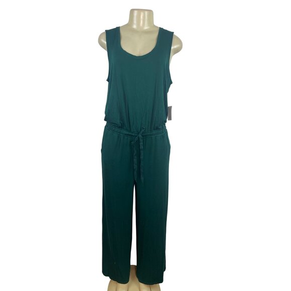 Essentials Women’s Sleeveless Teal Green Jumpsuit W/ Tie Waist Sz L - New - Picture 1 of 9